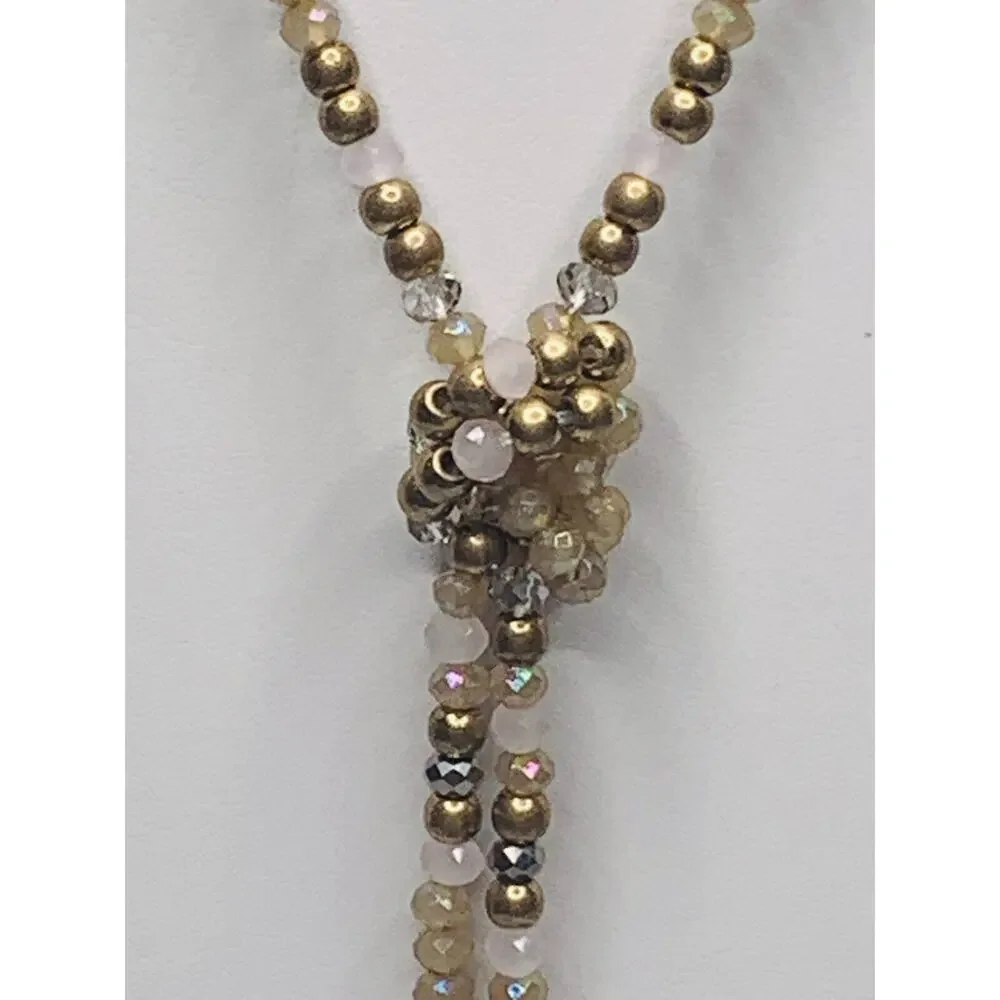 Long Gold Tone Beaded Tassel Necklace with Beaded Knot